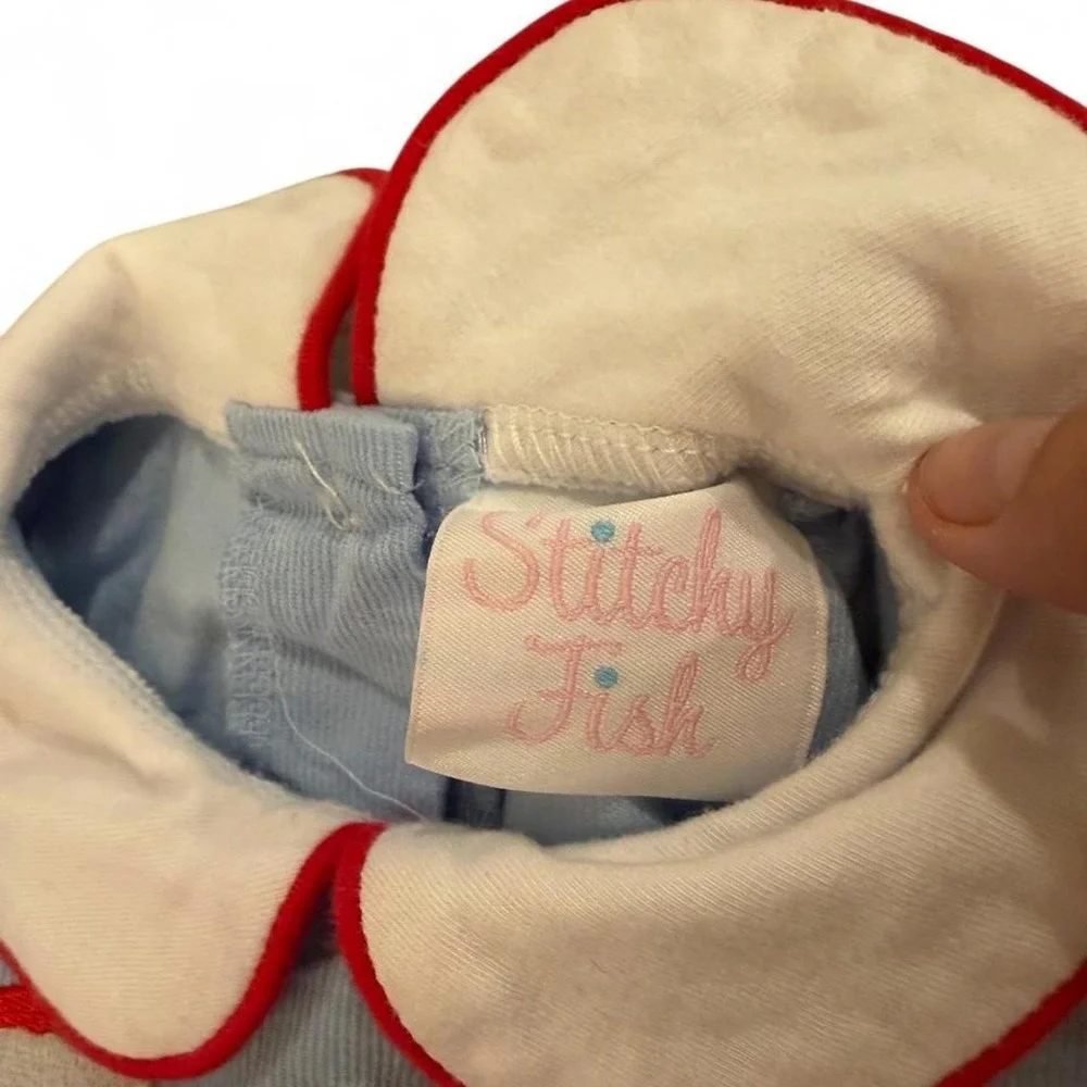 Stitchy Fish Baby Boy Blue Corduroy Santa Christmas Bubble Romper 6M